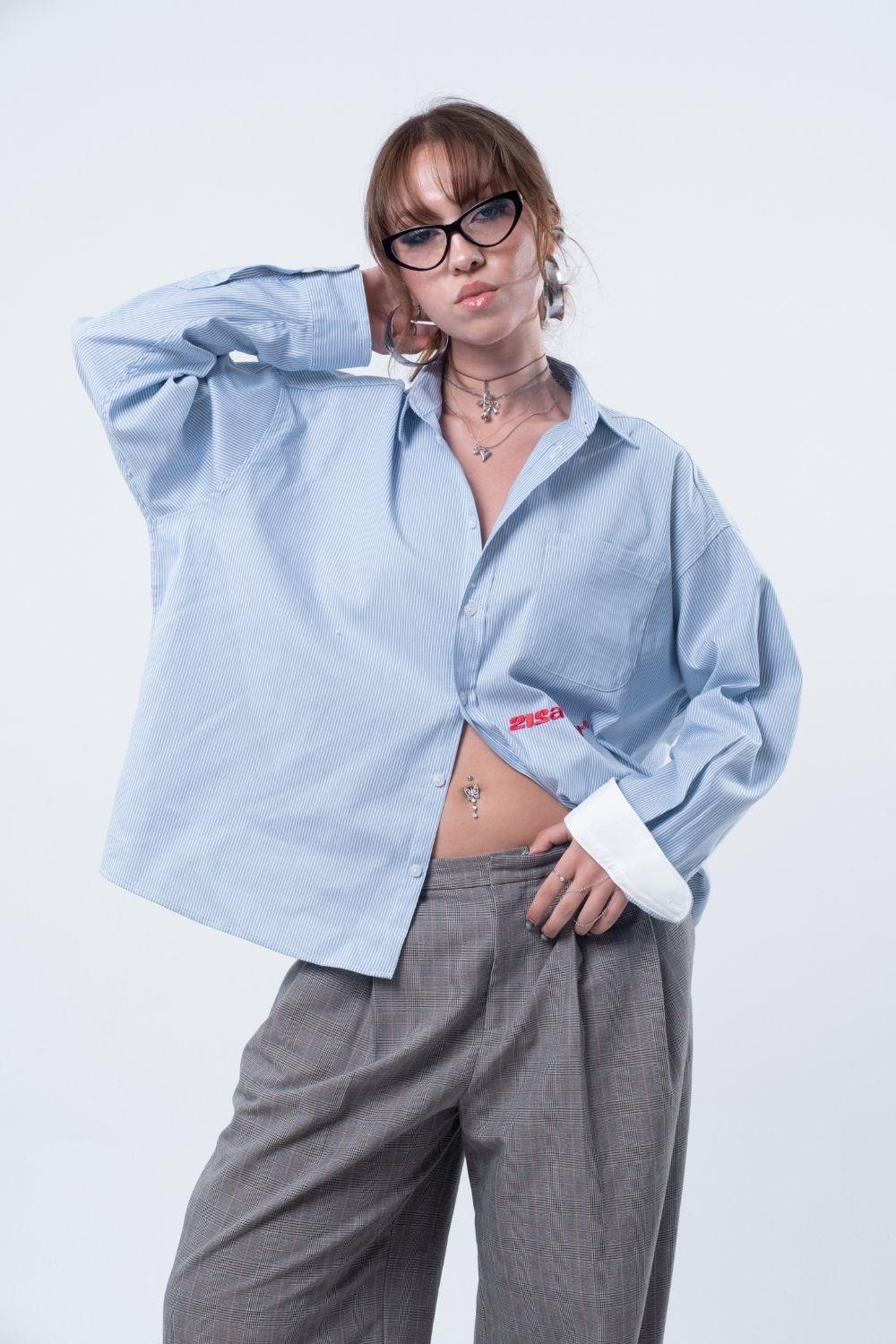 Vibes X 212 ATELIER Unisex Boxy Fit Nakışlı Mavi Beyaz Gömlek