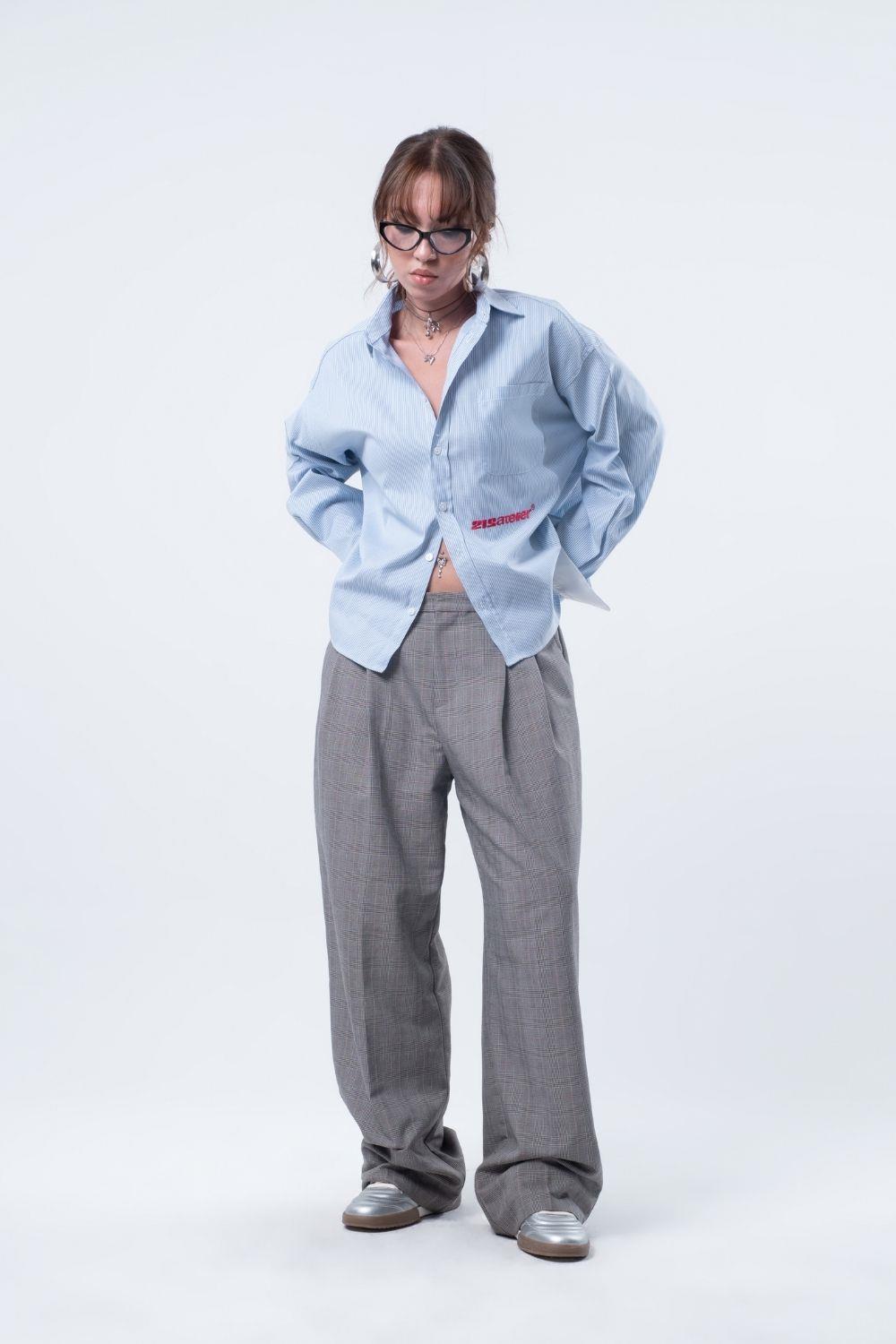 Vibes X 212 ATELIER Unisex Boxy Fit Nakışlı Mavi Beyaz Gömlek