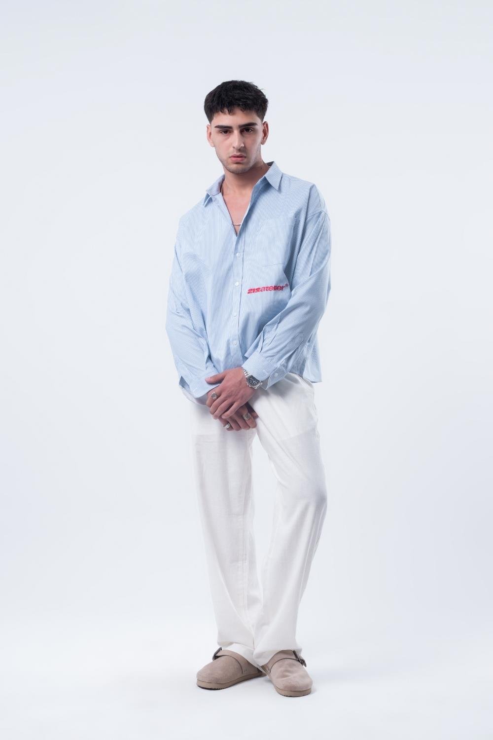 Vibes X 212 ATELIER Unisex Boxy Fit Nakışlı Mavi Beyaz Gömlek