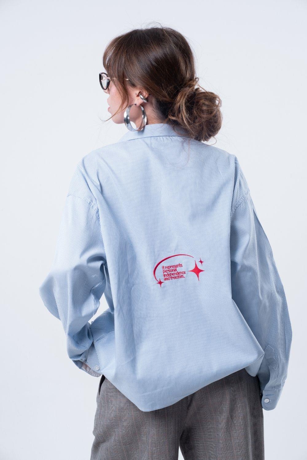 Vibes X 212 ATELIER Unisex Boxy Fit Nakışlı Mavi Beyaz Gömlek