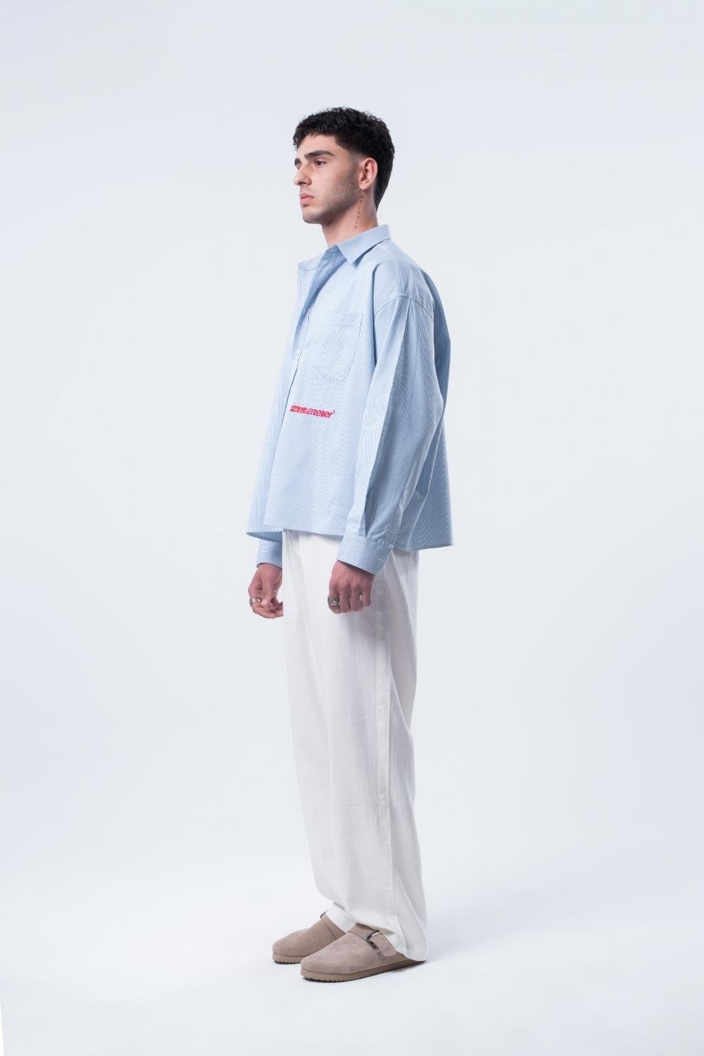 Vibes X 212 ATELIER Unisex Boxy Fit Nakışlı Mavi Beyaz Gömlek