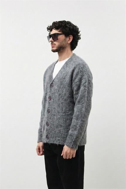 Erkek Antrasit Oversize Sakallı Düğmeli Hırka