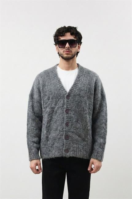 Erkek Antrasit Oversize Sakallı Düğmeli Hırka