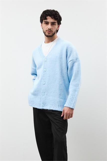 Erkek Bebe Mavisi Oversize Sakallı Düğmeli Hırka