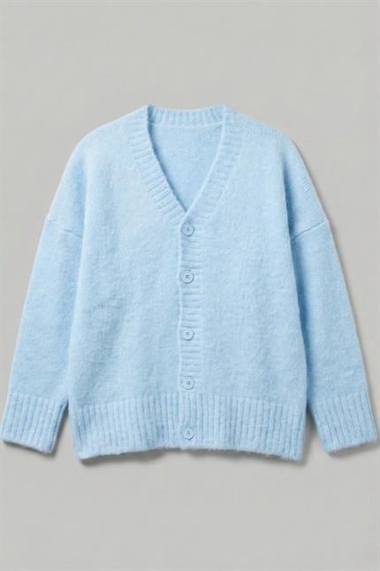 Erkek Bebe Mavisi Oversize Sakallı Düğmeli Hırka