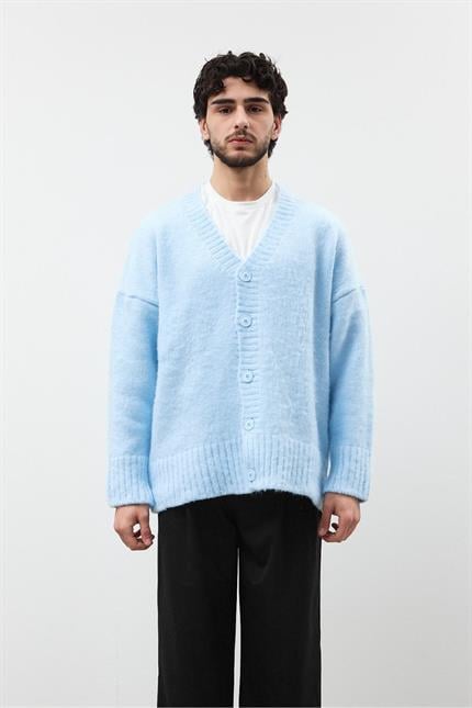 Erkek Bebe Mavisi Oversize Sakallı Düğmeli Hırka