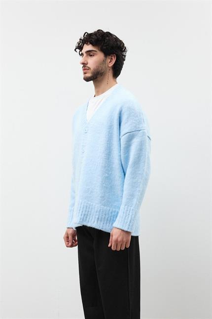 Erkek Bebe Mavisi Oversize Sakallı Düğmeli Hırka