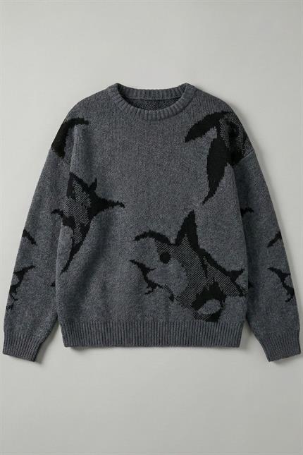 Erkek Antrasit Baskılı Oversize Kazak