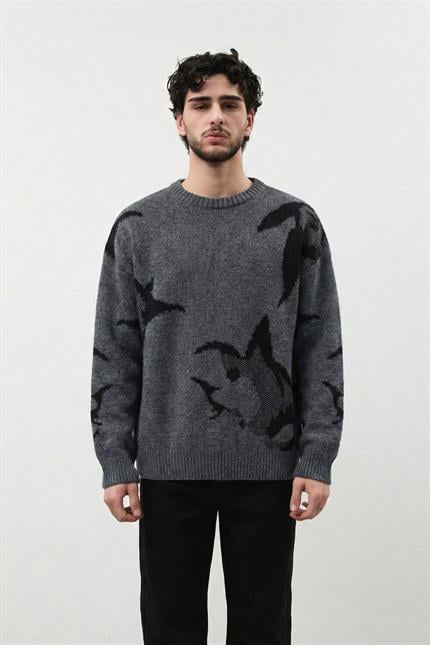 Erkek Antrasit Baskılı Oversize Kazak