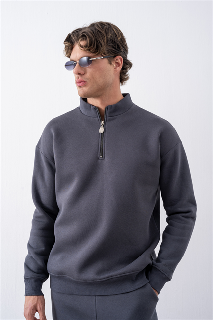 Erkek Antrasit Fermuarlı Oversize Sweatshirt