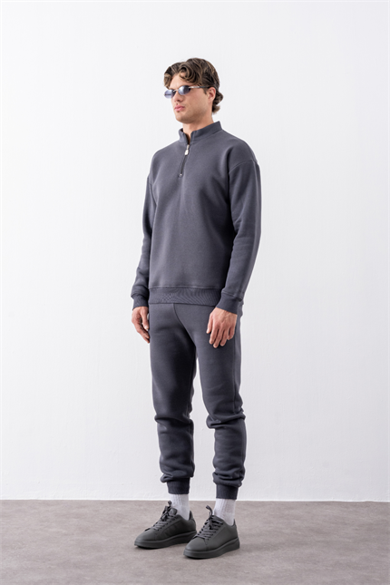 Erkek Antrasit Fermuarlı Oversize Sweatshirt