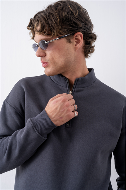 Erkek Antrasit Fermuarlı Oversize Sweatshirt