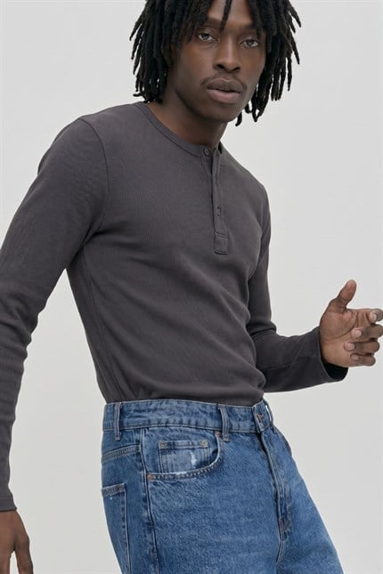 Erkek Antrasit Henley  T-Shirt