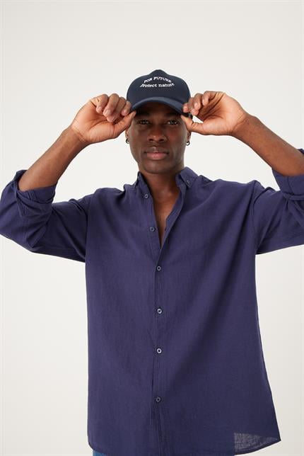 Erkek Base Lacivert Keten Gömlek