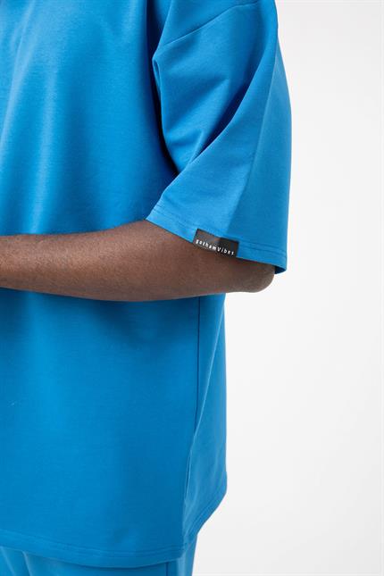 Erkek Base Oversize Saks Mavi T-Shirt