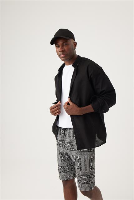 Erkek Base Siyah Keten Gömlek