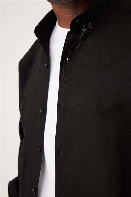 Erkek Base Siyah Keten Gömlek
