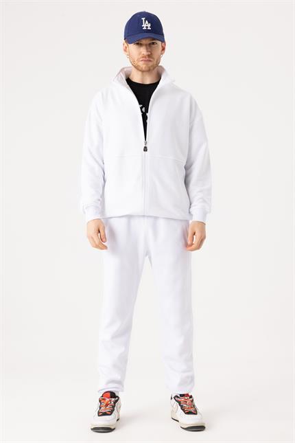Erkek Beyaz Dik Yaka Fermuarlı Oversize Sweatshirt