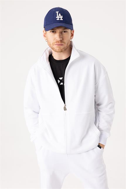 Erkek Beyaz Dik Yaka Fermuarlı Oversize Sweatshirt