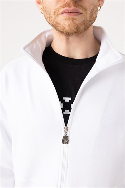 Erkek Beyaz Dik Yaka Fermuarlı Oversize Sweatshirt