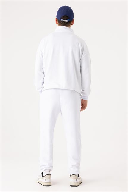 Erkek Beyaz Dik Yaka Fermuarlı Oversize Sweatshirt