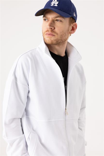 Erkek Beyaz Dik Yaka Fermuarlı Oversize Sweatshirt