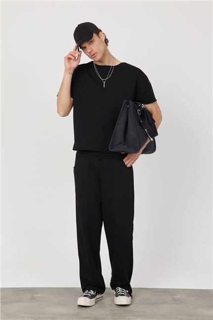 Erkek Blank Siyah Ayarlanabilir Paça Eşofman Altı