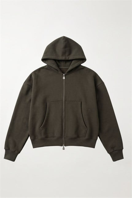 Erkek Boxy Oversize Fermuarlı Chill Haki Sweatshirt