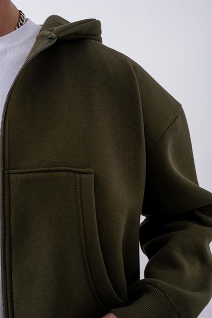 Erkek Boxy Oversize Fermuarlı Chill Haki Sweatshirt