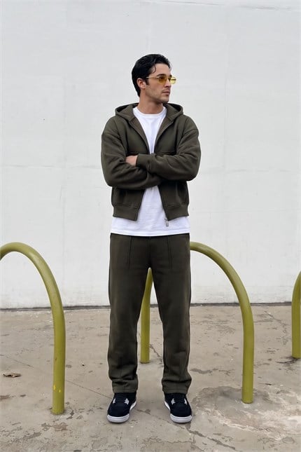 Erkek Boxy Oversize Fermuarlı Chill Haki Sweatshirt