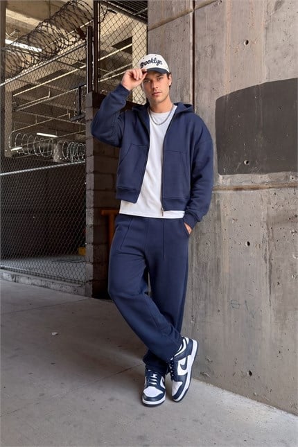 Erkek Boxy Oversize Fermuarlı Chill Lacivert Sweatshirt