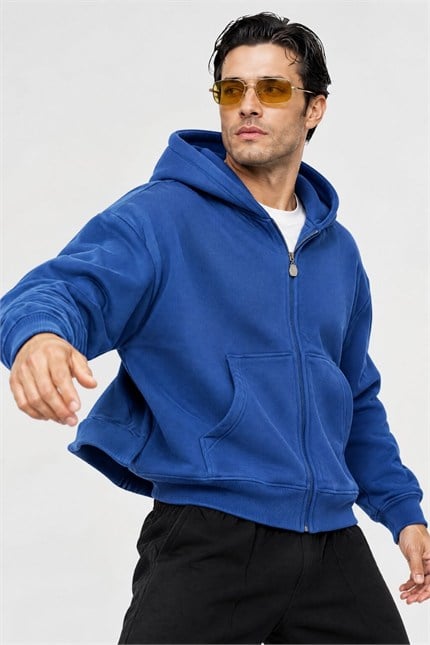 Erkek Boxy Oversize Fermuarlı Chill Saks Sweatshirt