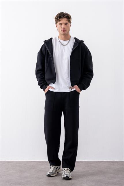 Erkek Boxy Oversize Fermuarlı Chill Siyah Sweatshirt
