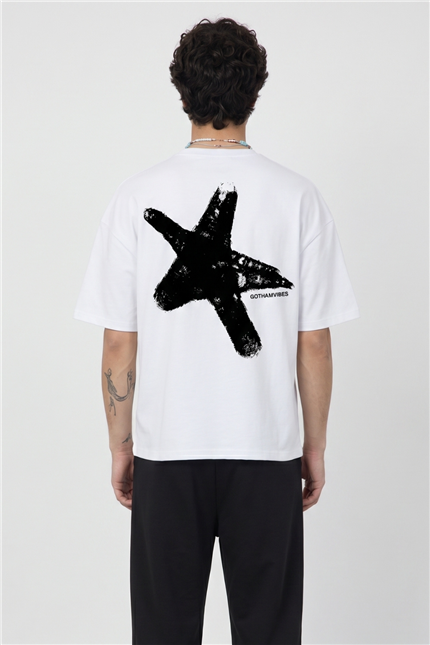 Erkek Boxy Star Beyaz Premium T-Shirt
