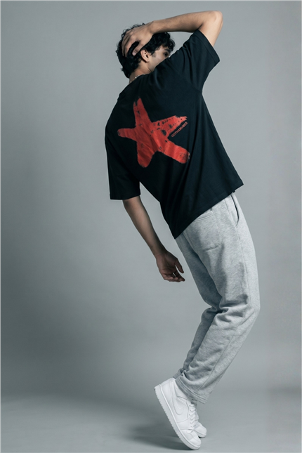 Erkek Boxy Star Siyah Premium T-Shirt