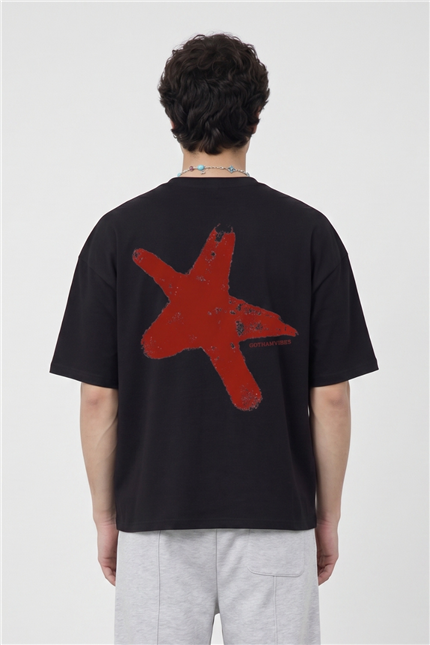 Erkek Boxy Star Siyah Premium T-Shirt