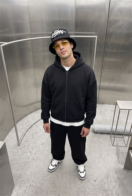 Erkek Chill Oversize Siyah Zip Sweatshirt