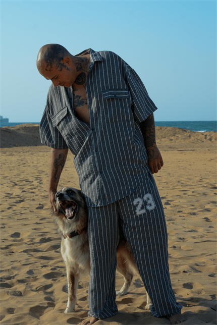 Erkek Çizgili Gri Keten Takım