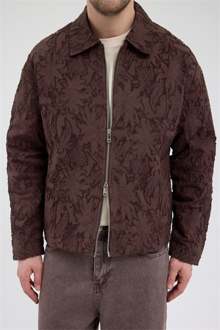 Erkek Desenli Fermuarlı Kahverengi Ceket