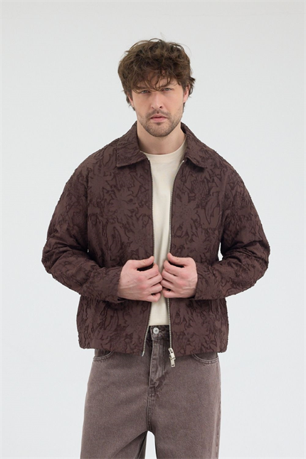 Erkek Desenli Fermuarlı Kahverengi Ceket