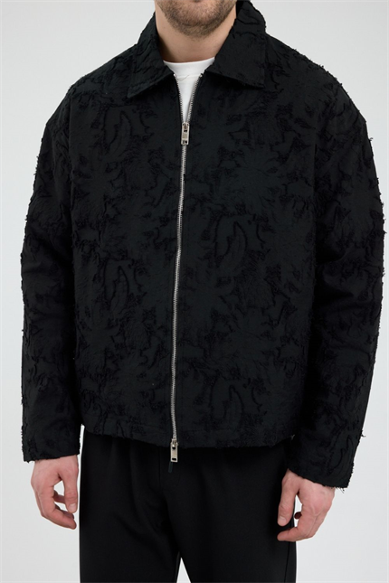 Erkek Desenli Fermuarlı Siyah Ceket