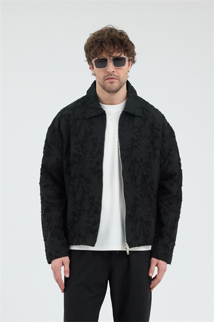 Erkek Desenli Fermuarlı Siyah Ceket