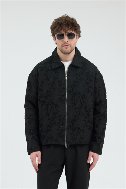 Erkek Desenli Fermuarlı Siyah Ceket