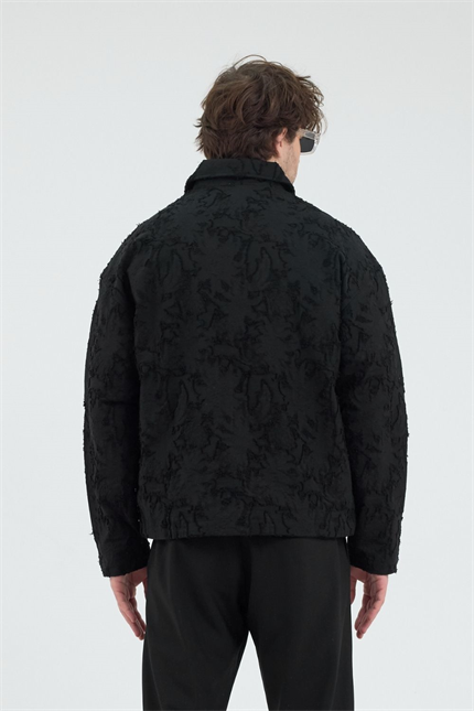 Erkek Desenli Fermuarlı Siyah Ceket