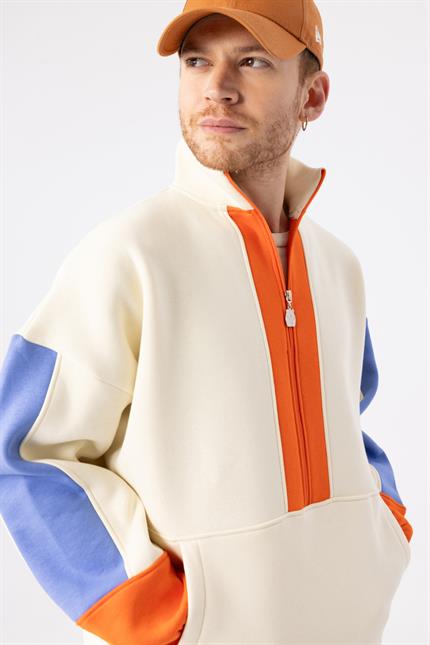 Erkek Fermuarlı Krem-Alev Turuncu-Indigo Sweatshirt