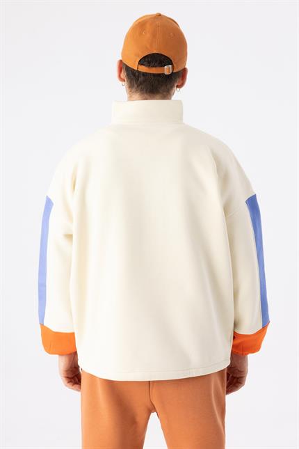 Erkek Fermuarlı Krem-Alev Turuncu-Indigo Sweatshirt