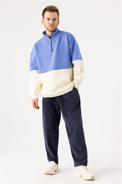 Erkek Fermuarlı Krem-Indigo Sweatshirt