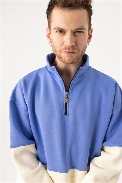Erkek Fermuarlı Krem-Indigo Sweatshirt