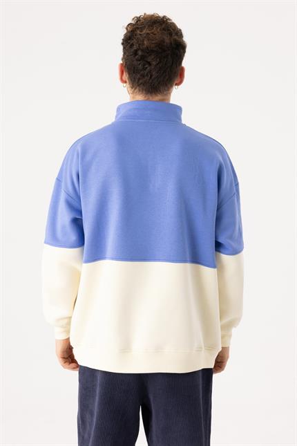 Erkek Fermuarlı Krem-Indigo Sweatshirt