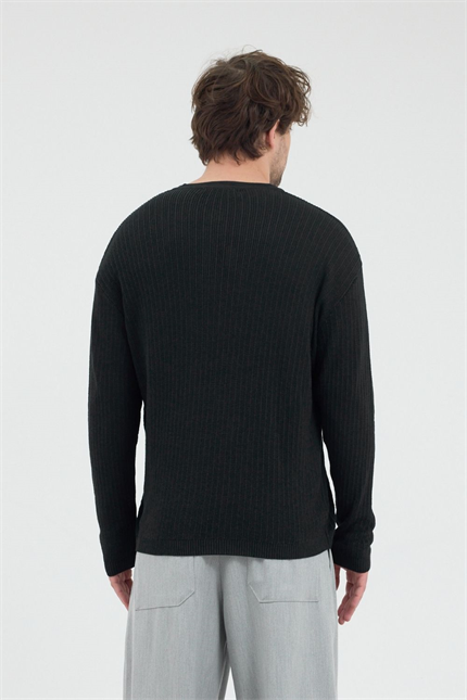 Erkek Fitilli Düğmeli Siyah İnce Kazak